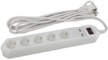 Сетевой фильтр с заземлением ЭРА USF-5es-1.5m-USB-W 5-м+2USB тип A+A 1,5м 10А 2200В белый картинка 